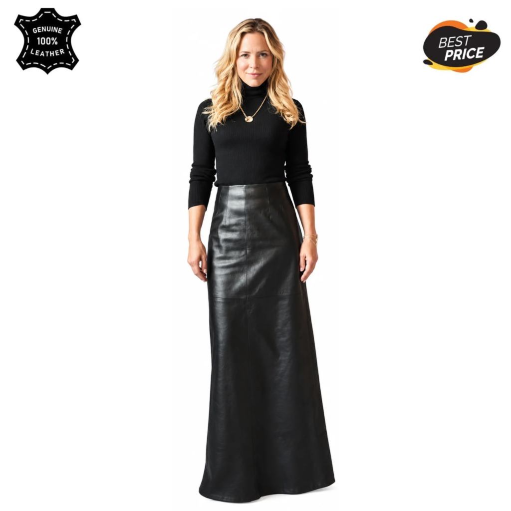 Women’s Black Sheepskin Leather Maxi Skirt – High Waisted Long Skirt