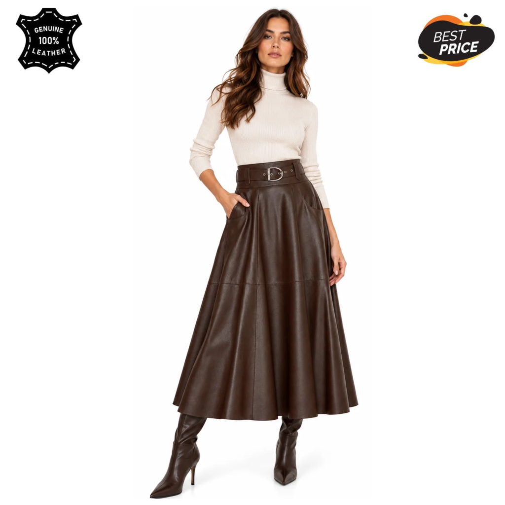 Women’s Dark Brown Leather Maxi Skirt – High Waisted Belted A-Line Skirt