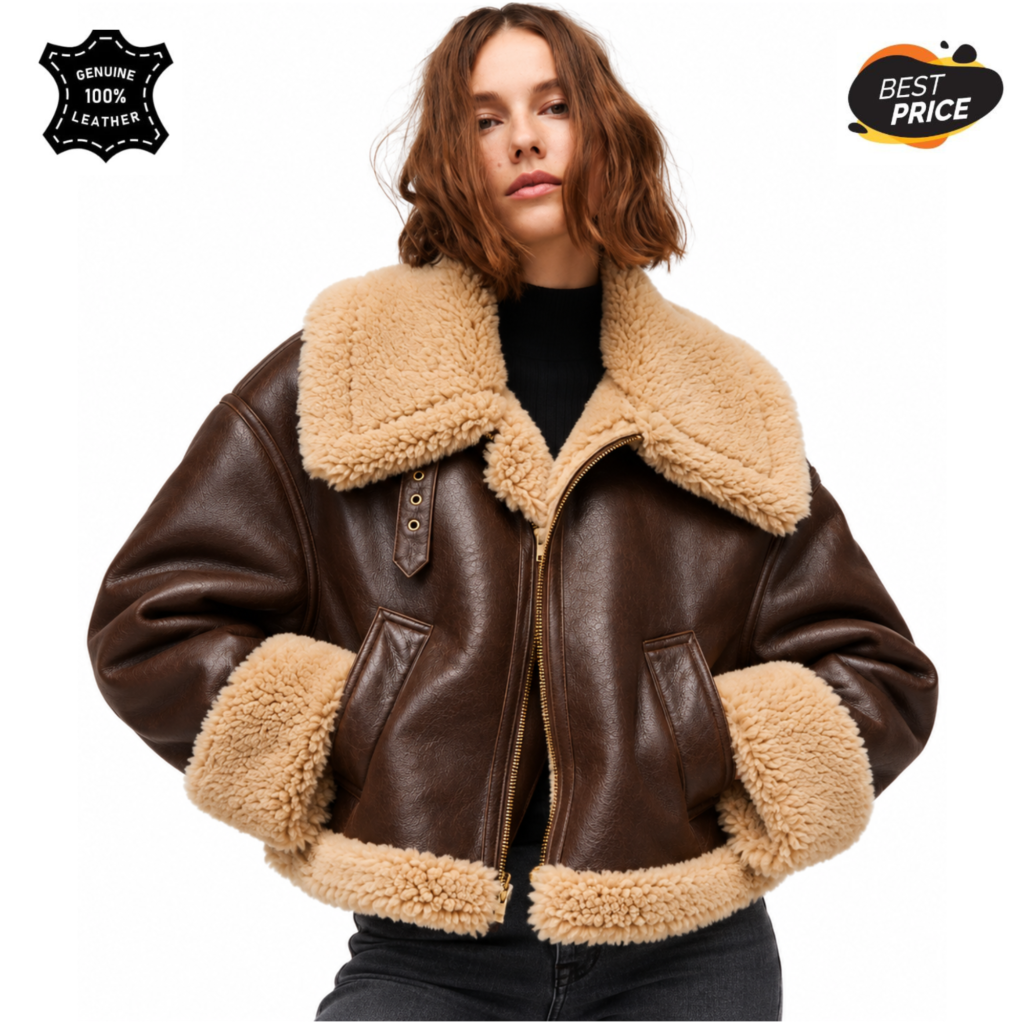 Women’s Brown Shearling Aviator Jacket – Faux Fur Collar Leather Biker Coat