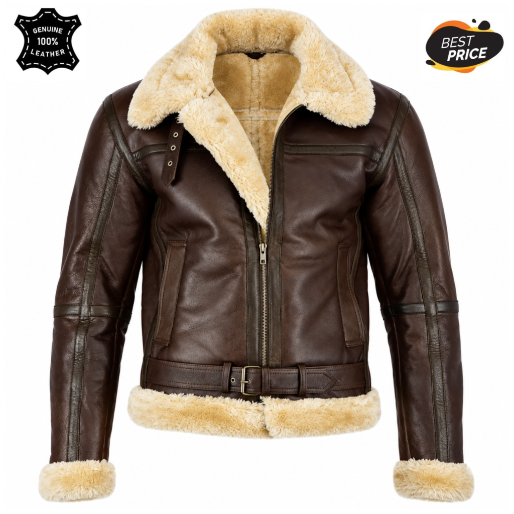 Men’s Brown Shearling Aviator Jacket – Genuine Leather B3 Flight Bomber Coat
