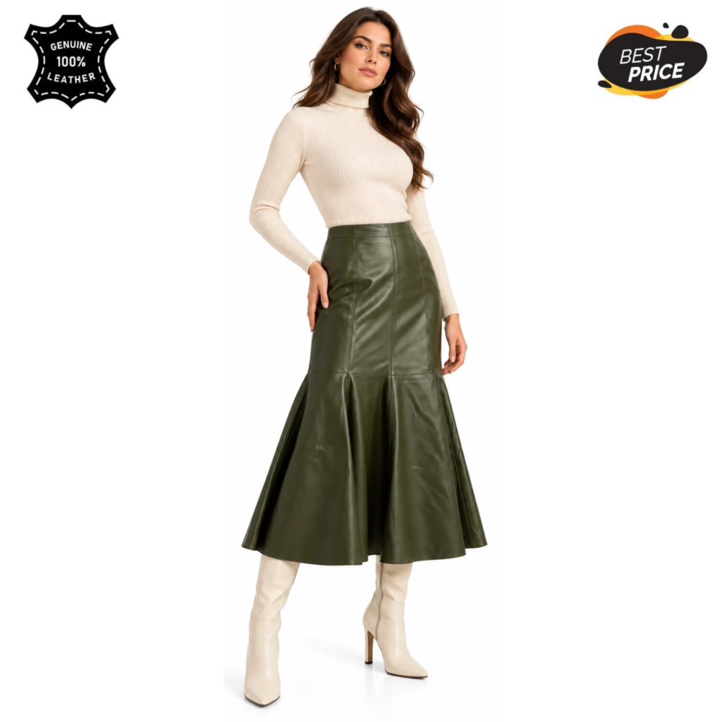 Women’s Olive Green Leather Mermaid Skirt – High Waist Flared Midi Skirt