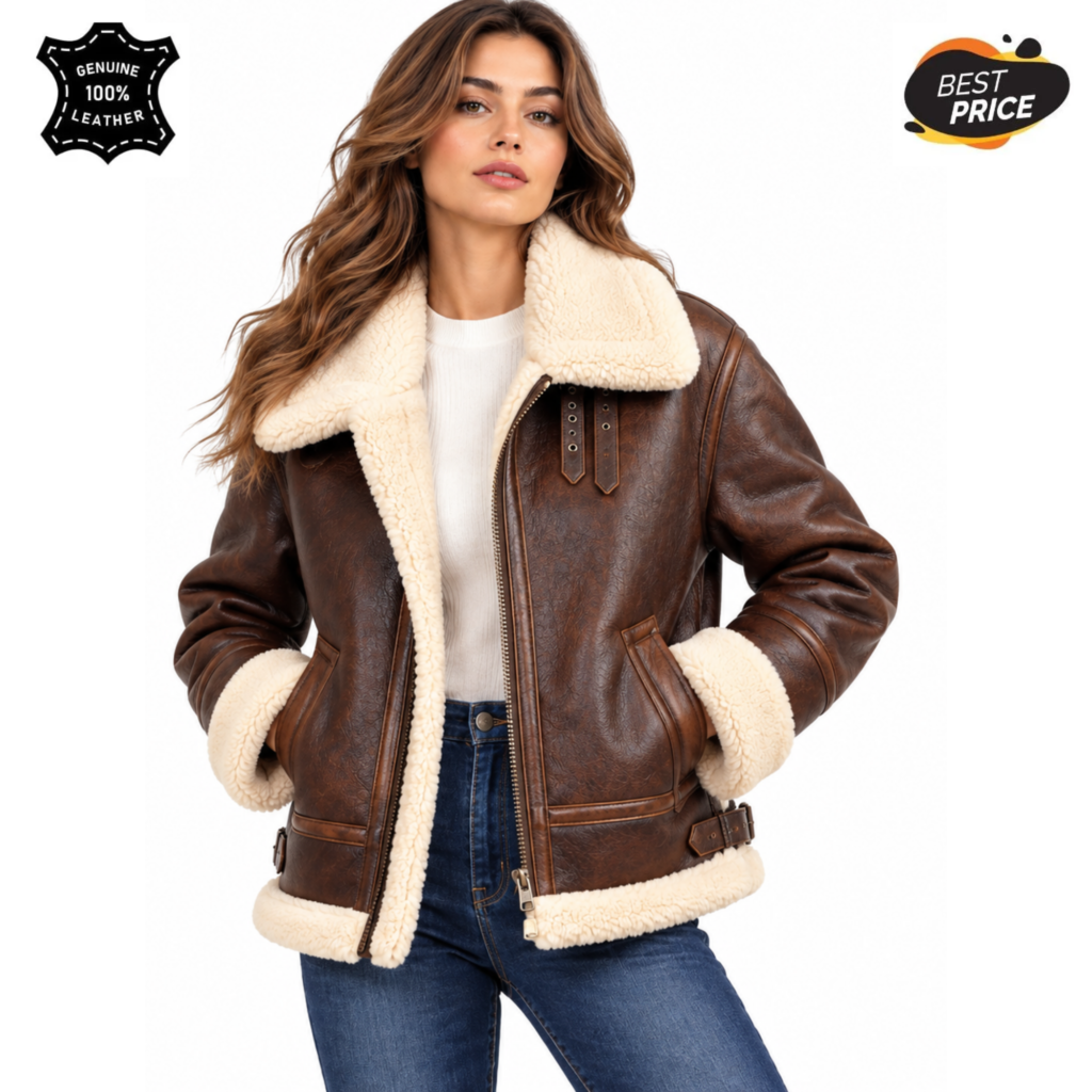 Women’s Brown Shearling Aviator Jacket – Vintage Biker Flight Coat