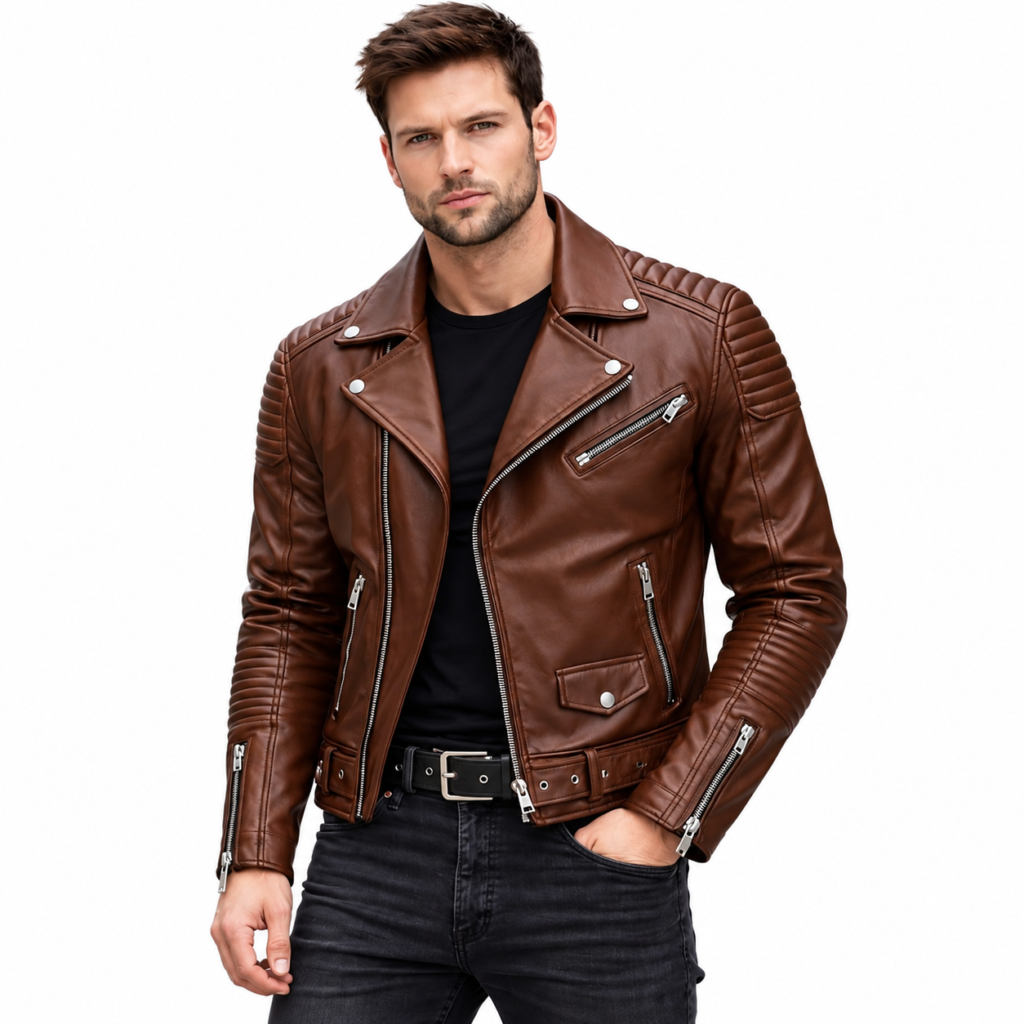 Men’s Brown Leather Biker Jacket – Quilted Shoulder Motorcycle Jacket
